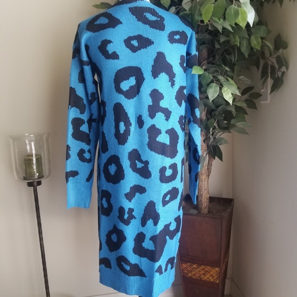 NEW! Blue Leopard Print Long Cardigan Sweater - Picture 6 of 8